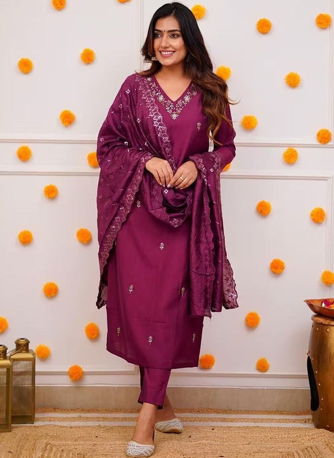 Women Basket Women Ethnic Motifs Embroidered Kurta Set with Trousers and Dupatta - Image 1